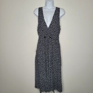 Vintage 80s 90s black white ditsy floral moody midi dress size 8 pockets